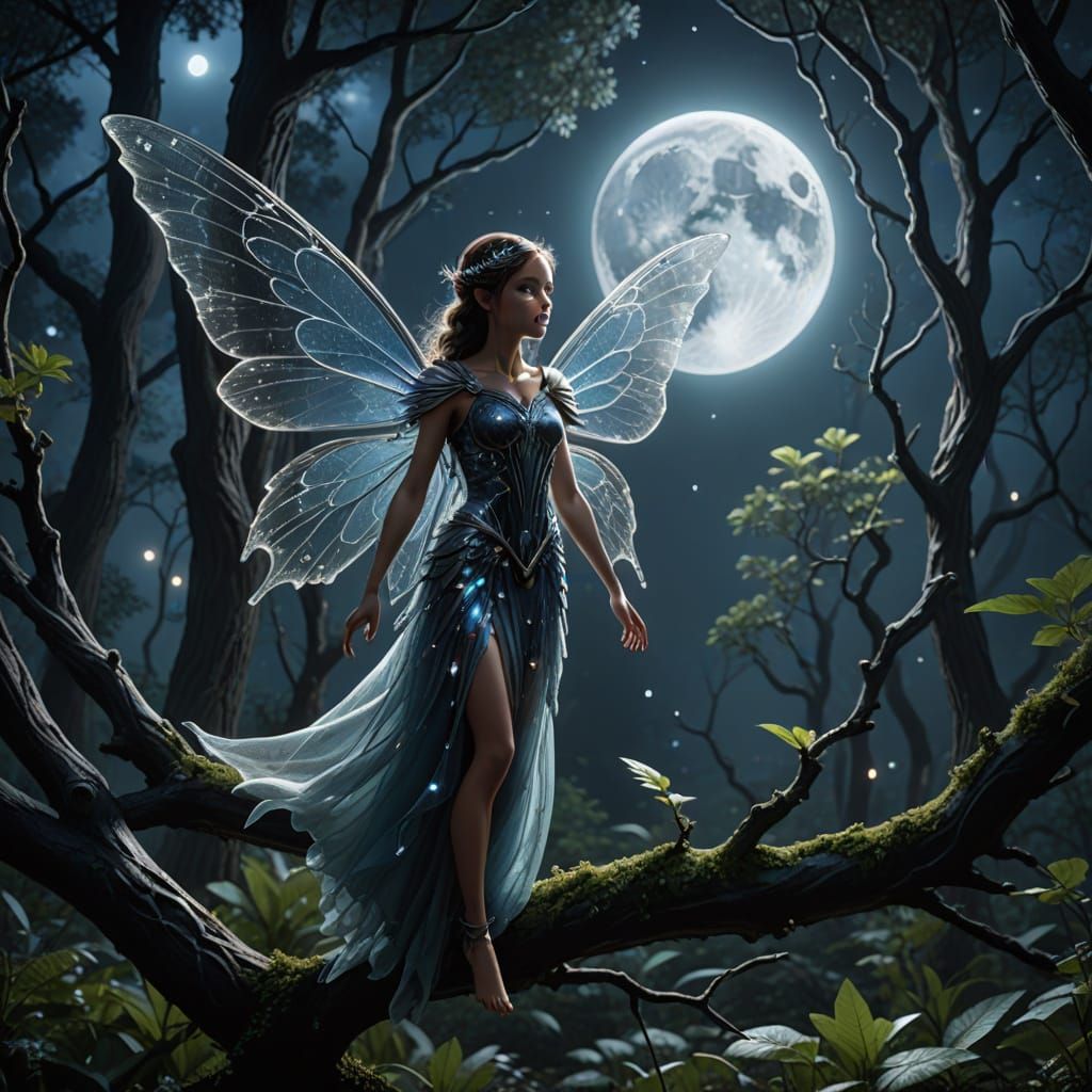 Mystical Fairy in Moonlight Forest, Glowing Wings