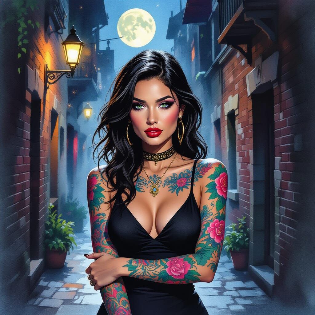 Dreamlike Watercolor Portrait in Shady Alleyway