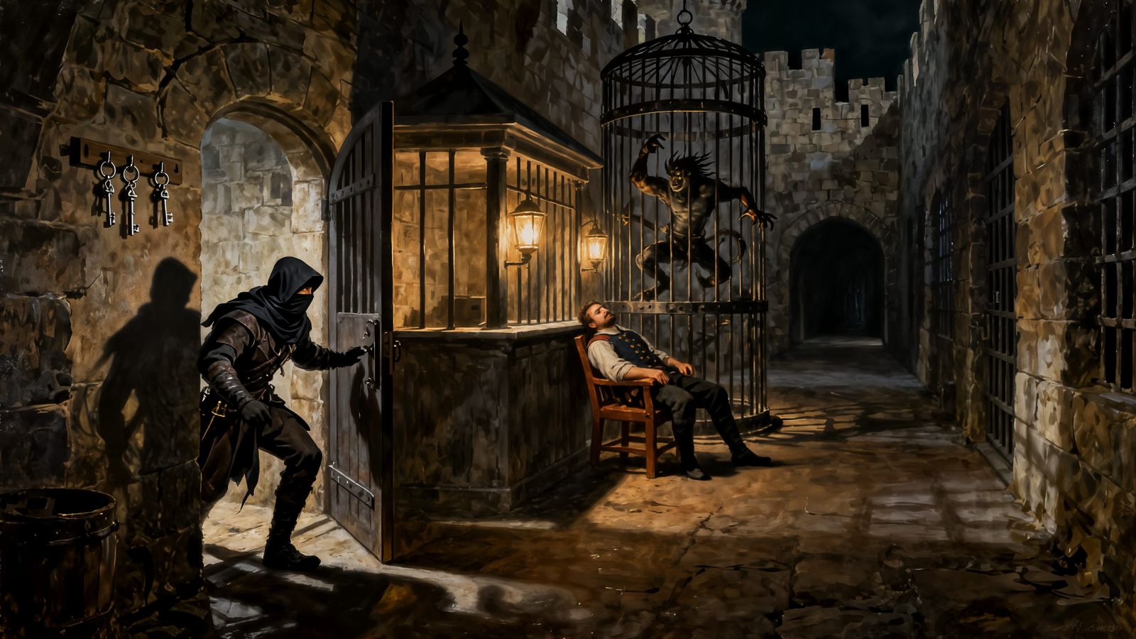 Stealthy Thief in Medieval Prison Corridor Painting