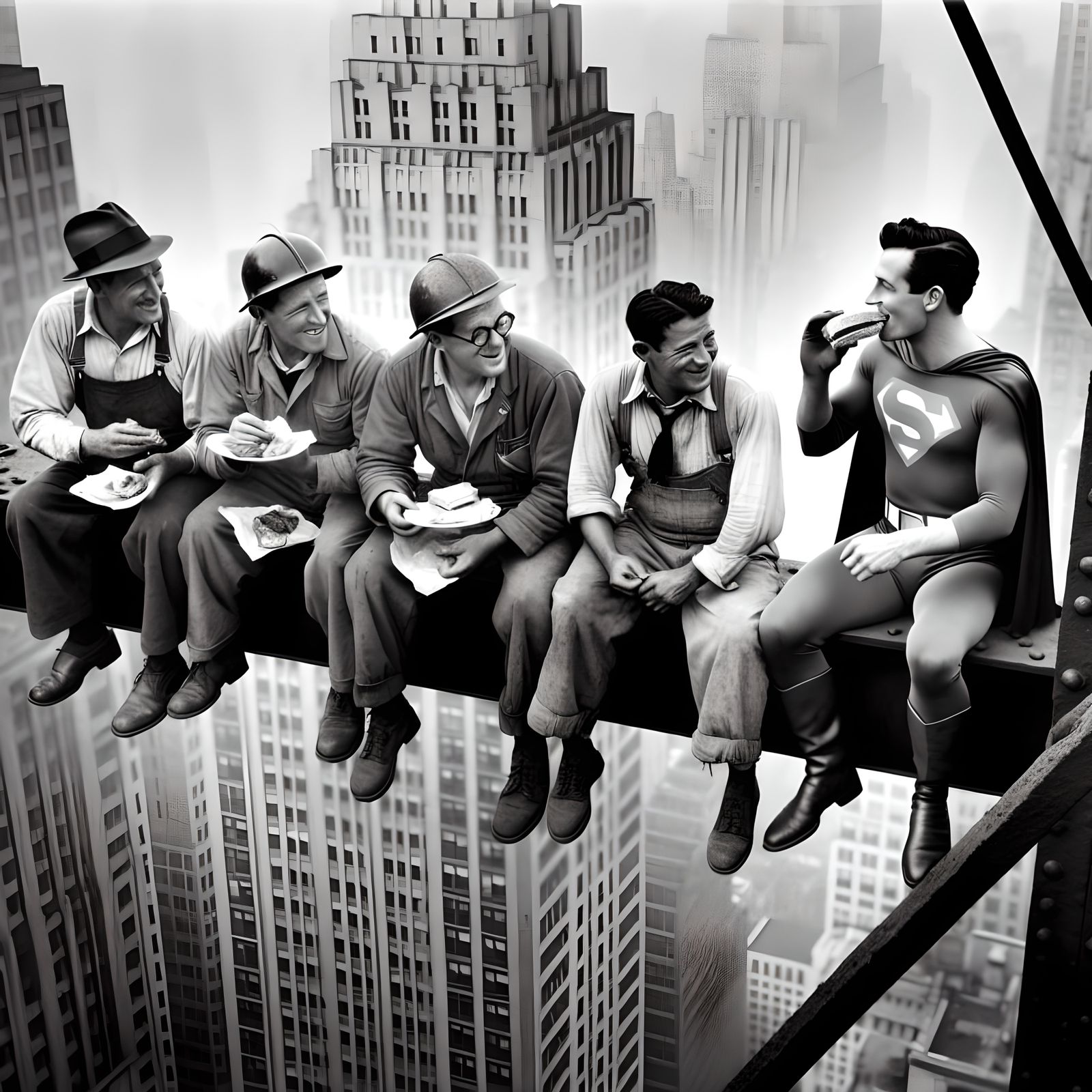 Superhero Lunch Atop a Skyscraper, Vintage Photo