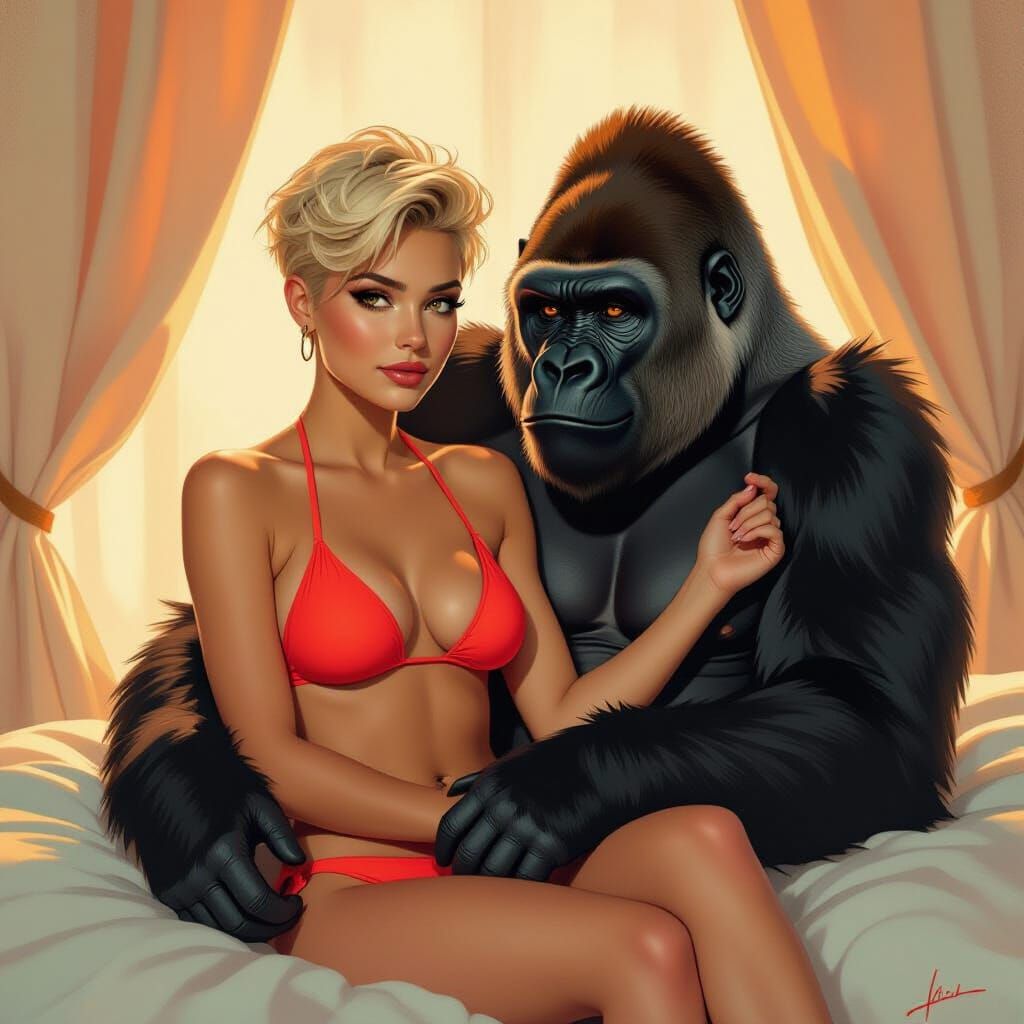 Woman Petting Gorilla: Intimate Painting in Vibrant Colors