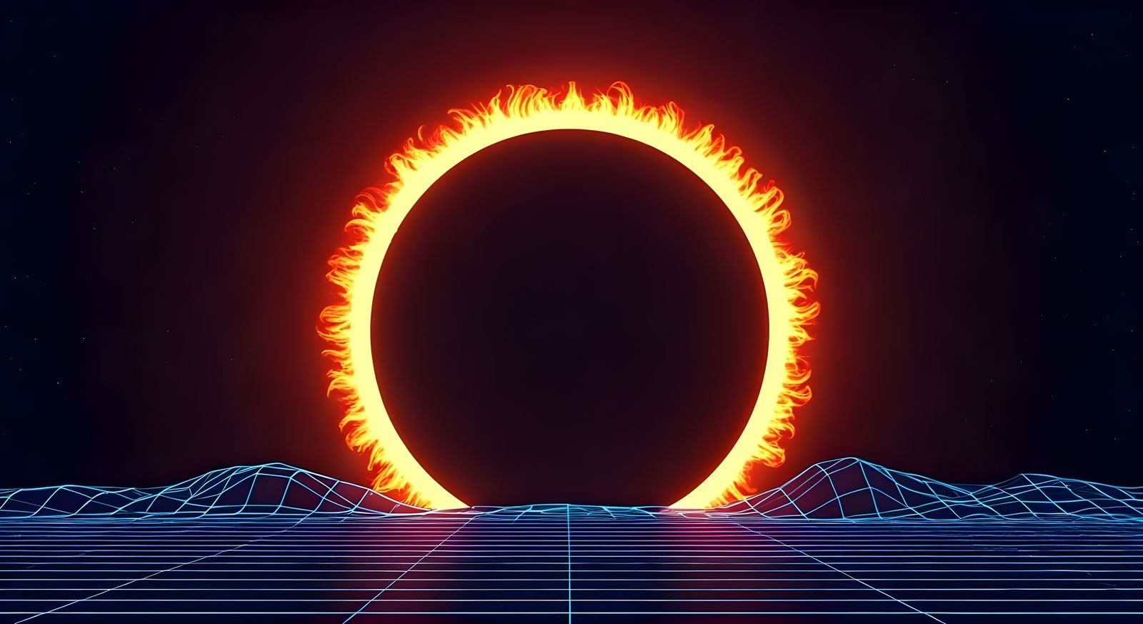 Glitched 8-Bit Solar Eclipse in Synthwave Neon Style