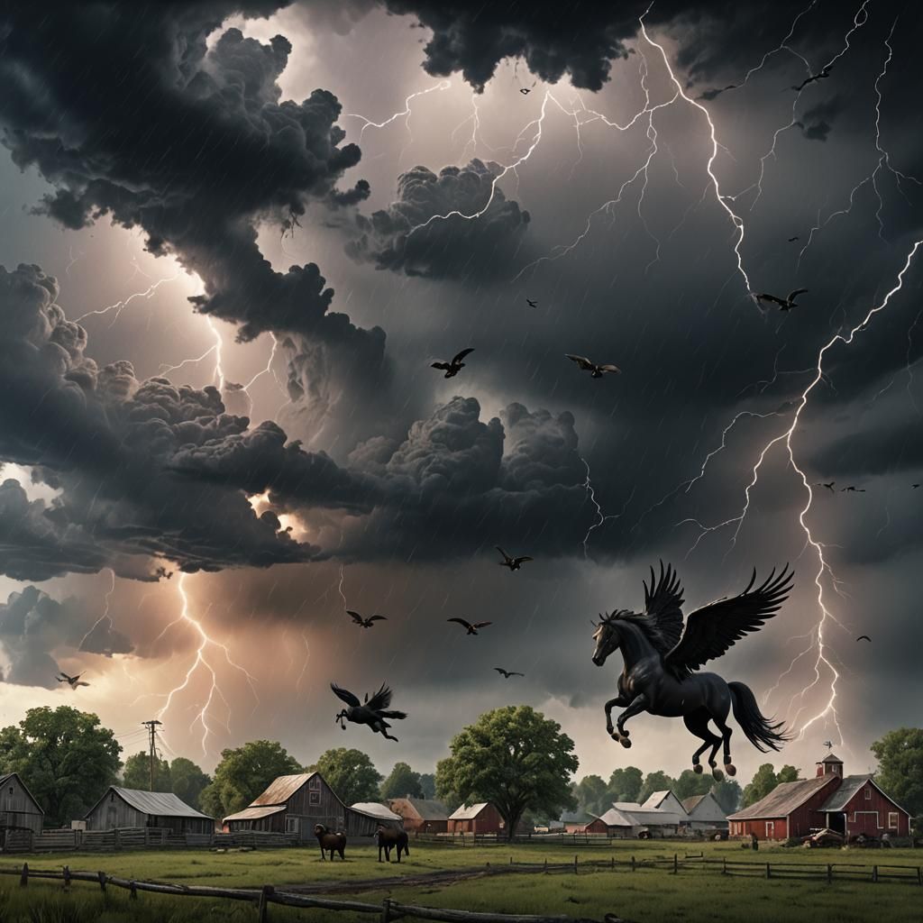 Black Pegasus Herd Leads Storm Over Farm Town