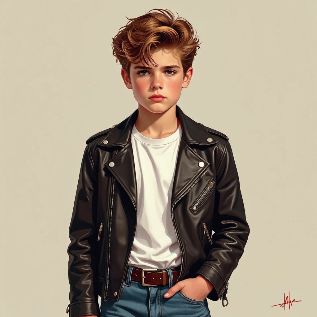Teenage Boy in Greaser Outfit, Nostalgic Art Style