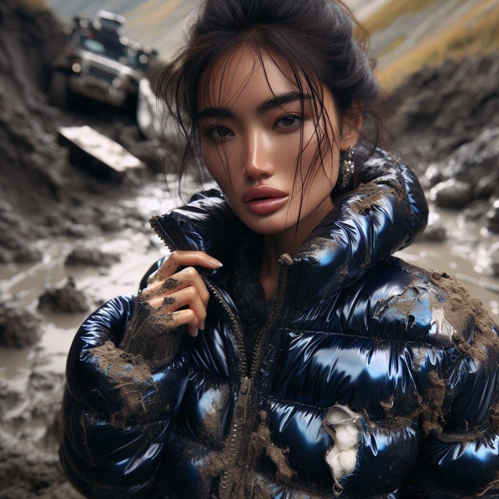 Hyperrealistic Portrait: South Asian Woman in Worn Puffy Jac...