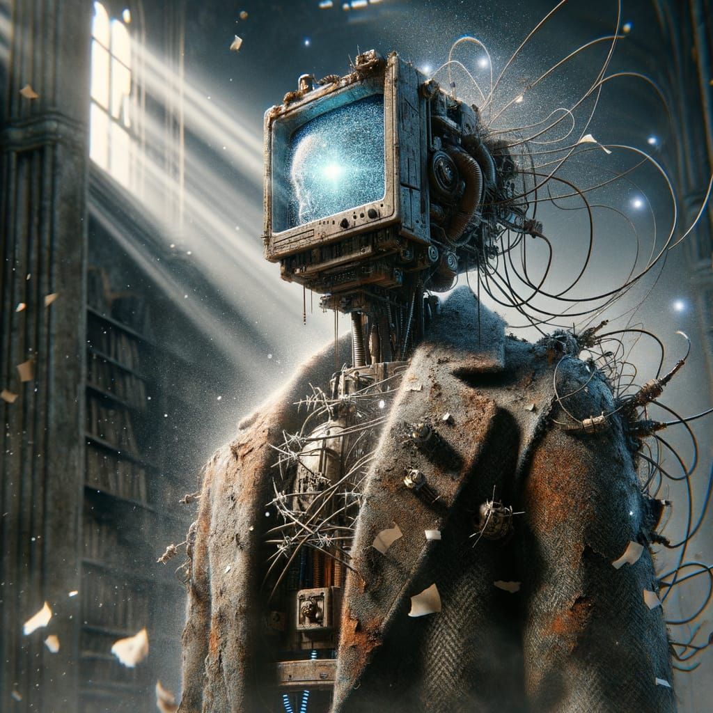 Android in Decaying Library with CRT Monitor Head