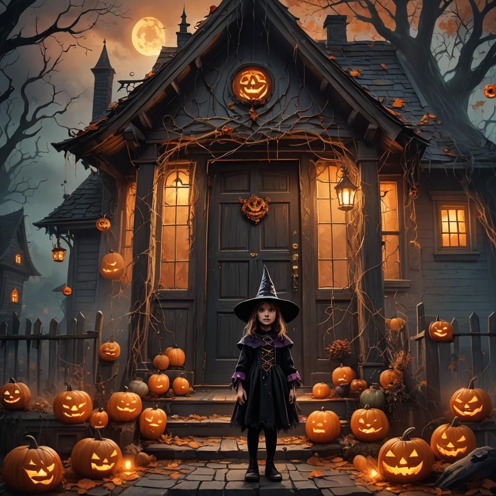 Child Witch in Front of Haunted House