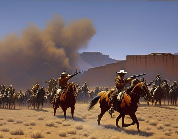 16k resolution, art by James Bama. A showdown at high noon, as a cowboy faces off against a bandit leader in the heart o...