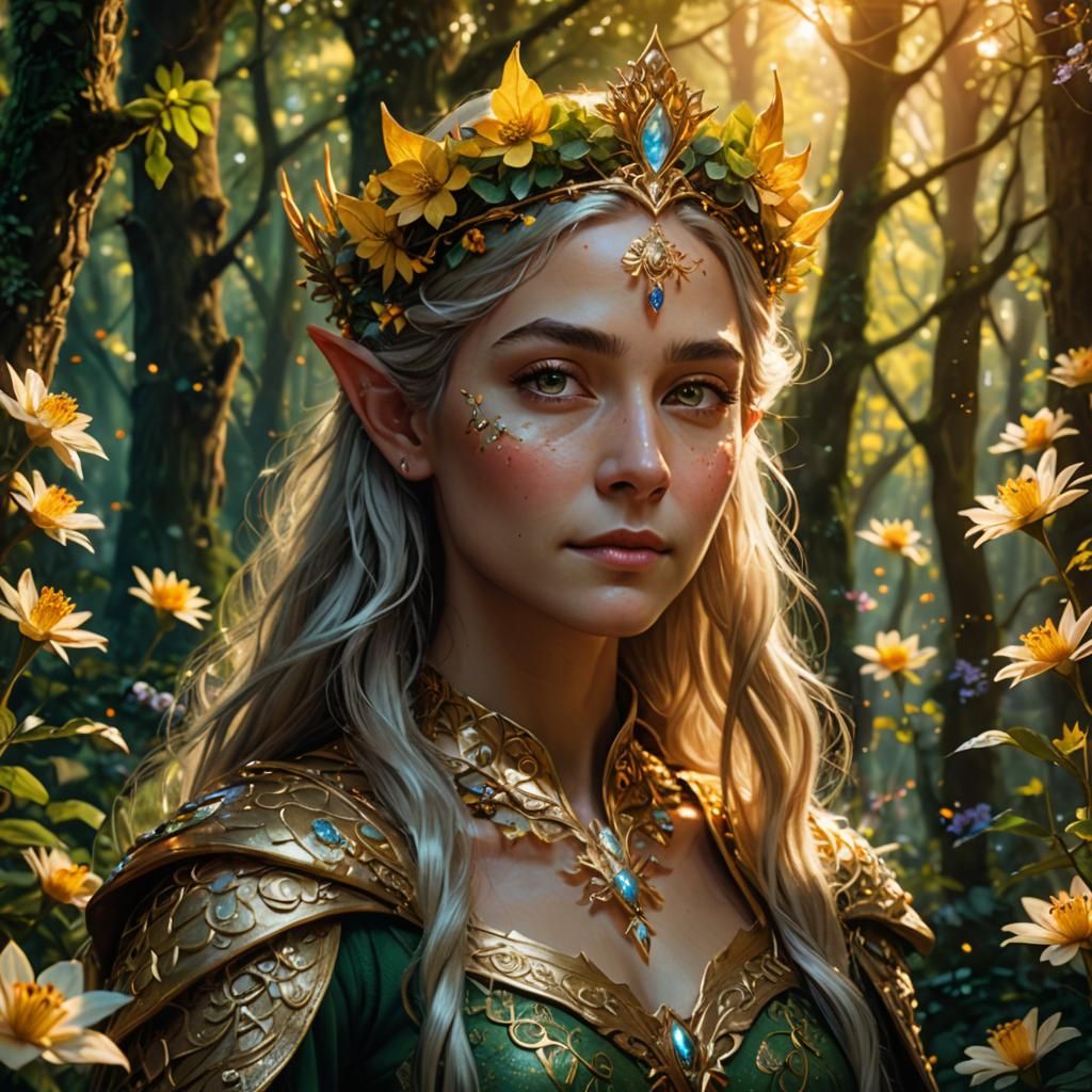 Enchanted Elf Queen Portrait in Glowing Forest