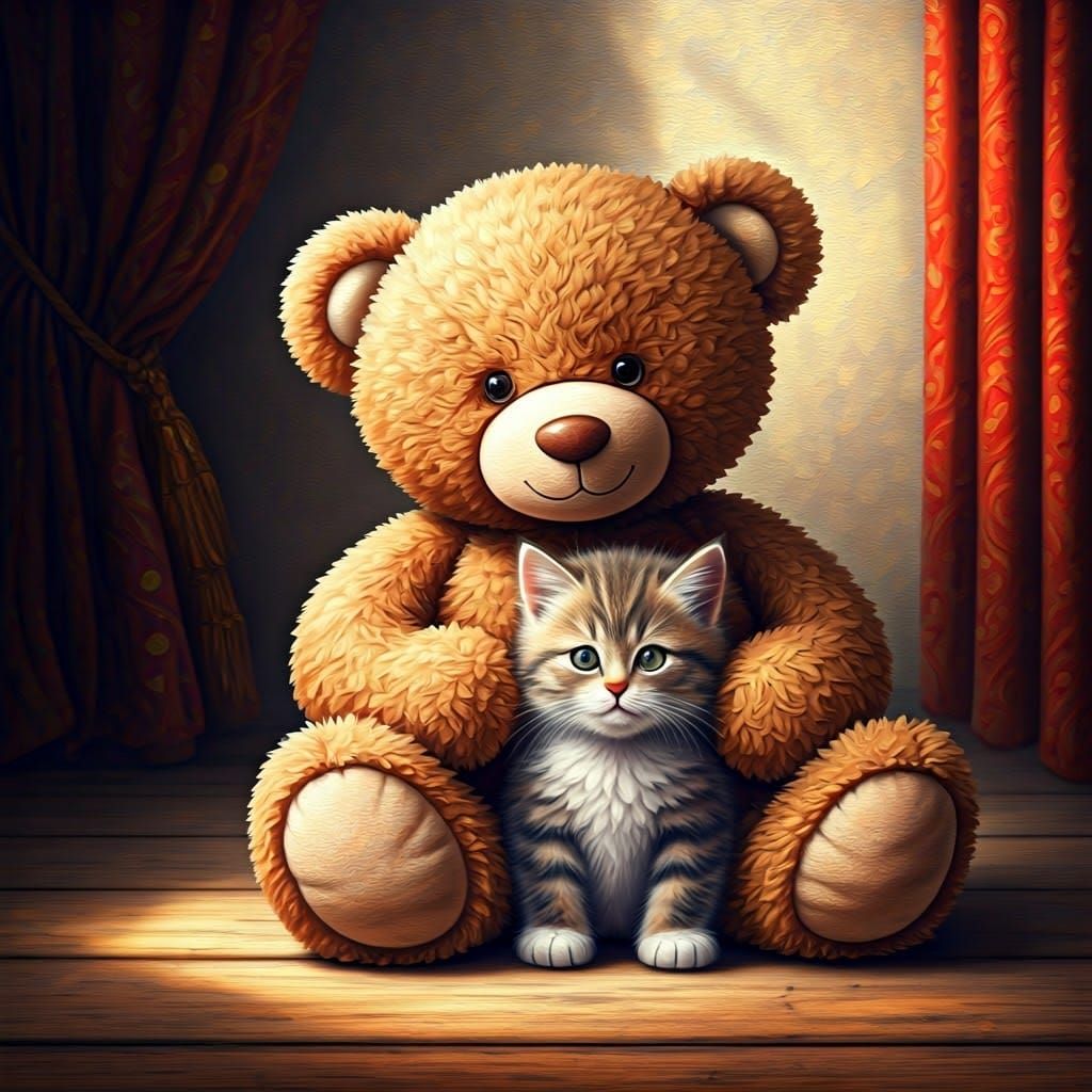 Teddy Bear and Kitten in Sunny Room