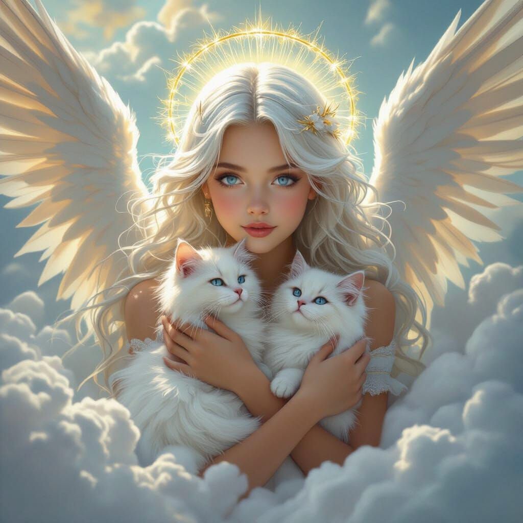 Angelic Girl with White Cat in Clouds