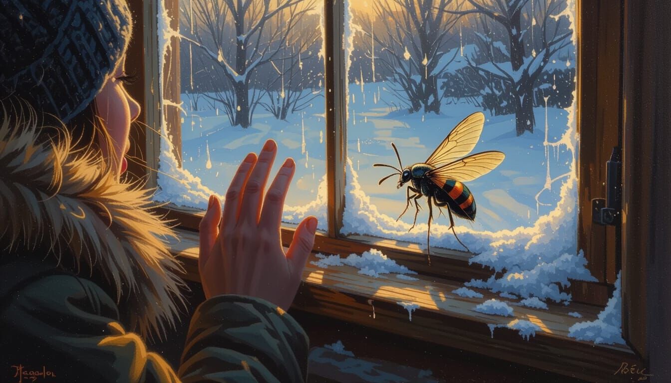 Oil Painting: Bug at Winter Window During Golden Hour