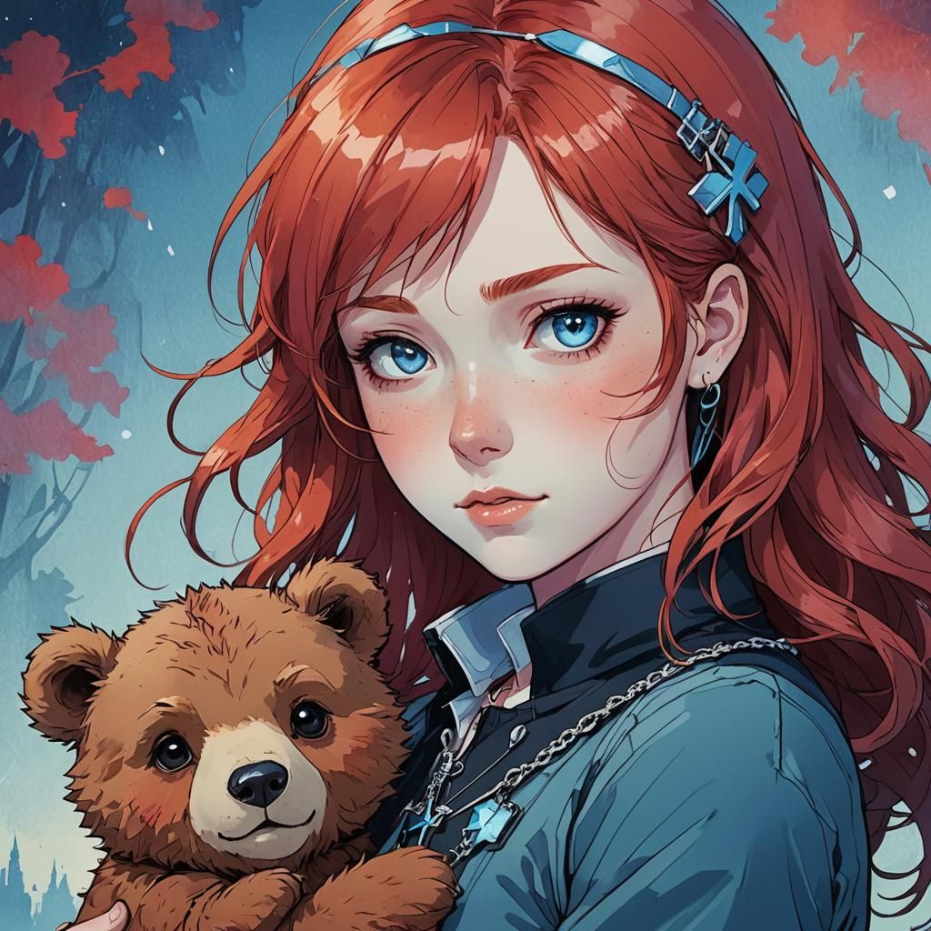 Anime Girl with Bear Cub in Cel-Shaded Style