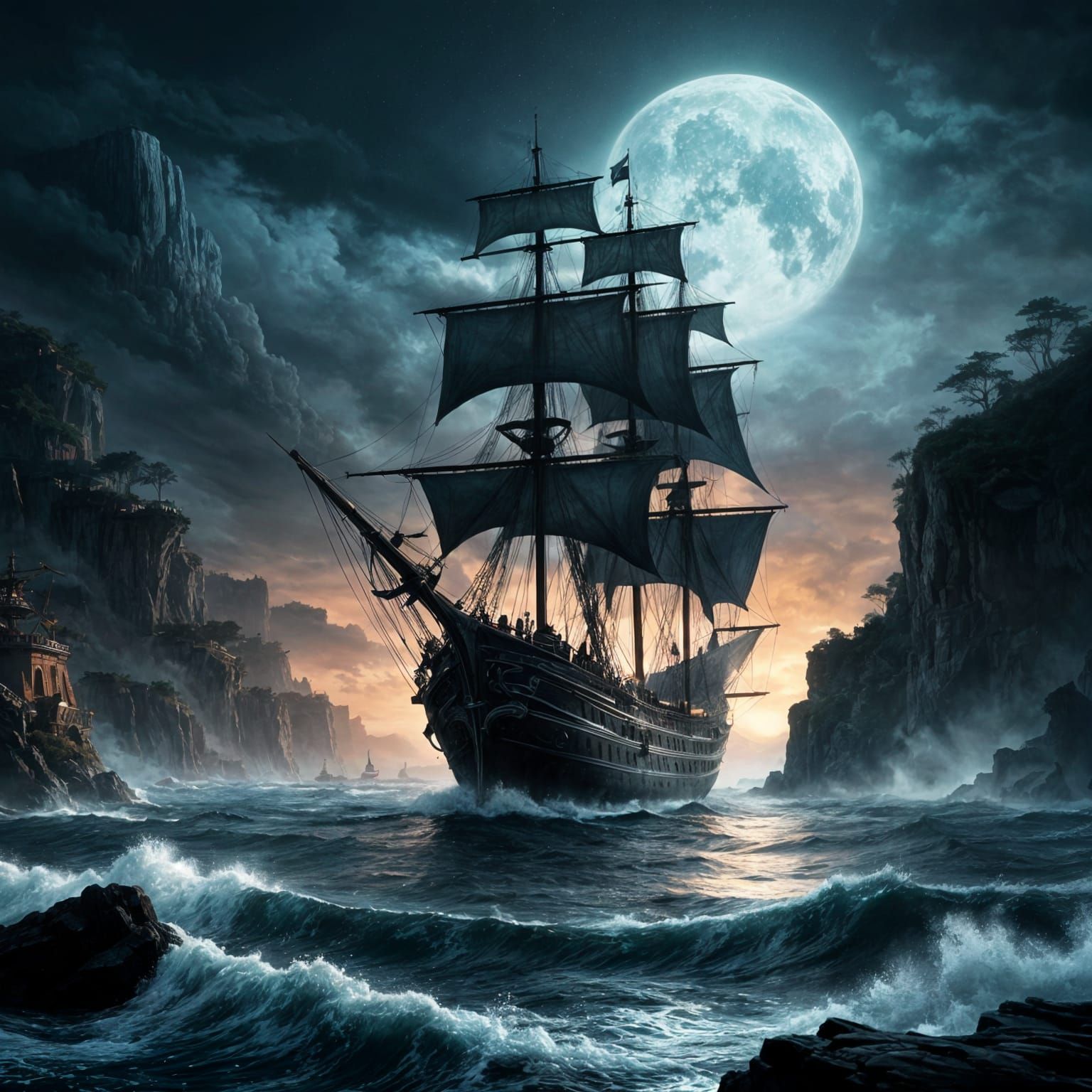 Ghostly Pirate Ship Sails Silently in Moonlight