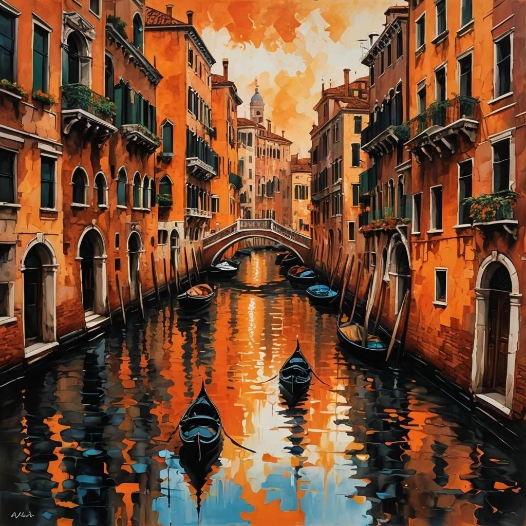 Venice: Abstract Silhouettes in Orange Neo-Impressionism
