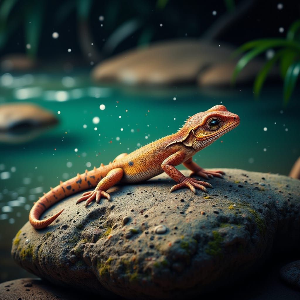 Hyperrealistic Geckos in Vibrant River Landscape