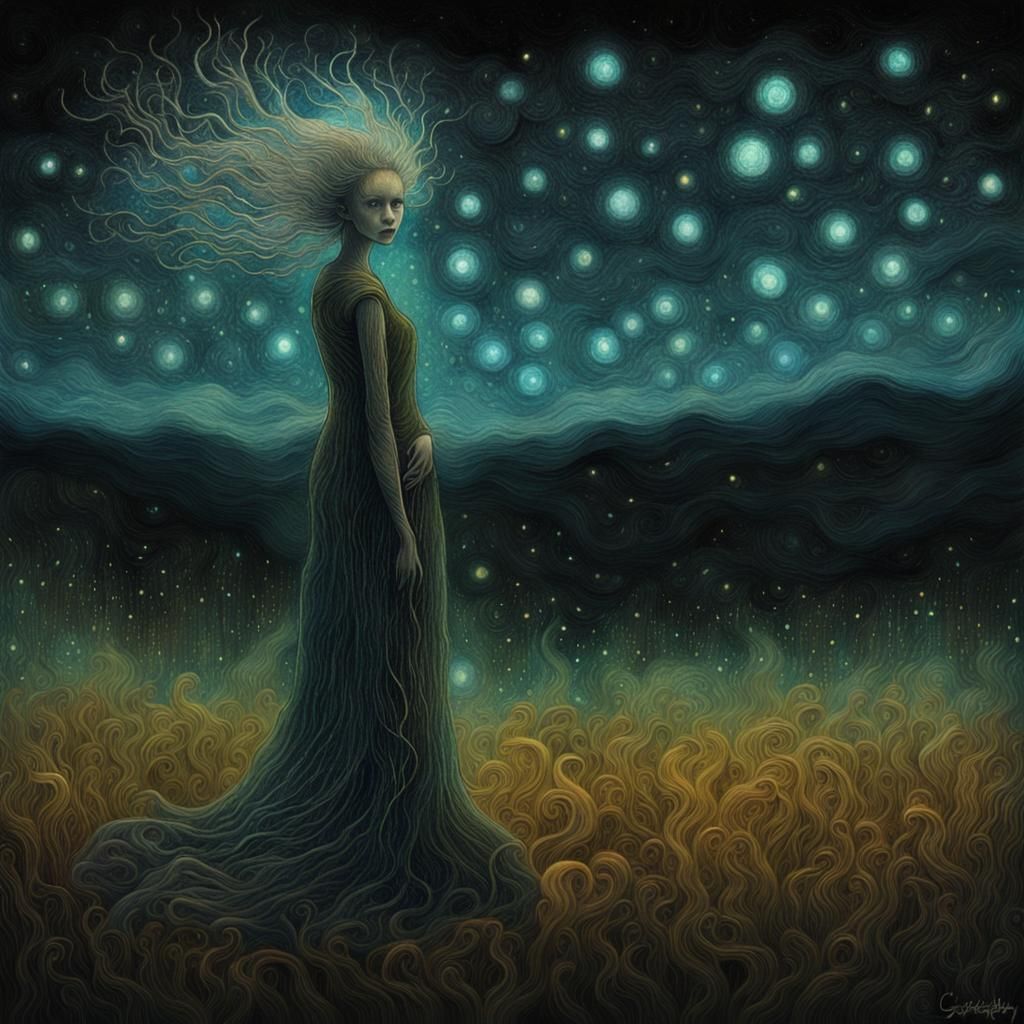 Art_by_Van_Gogh, Craola, Andy Kehoe, woman made of ghost ectoplasm on a bioluminescent dark field, glitter, digital pain...