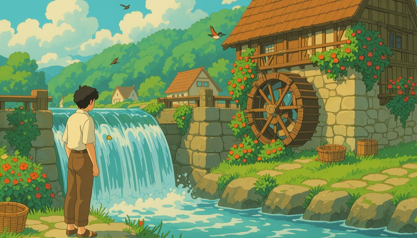 Ghibli Style: Man Controls River with Dam