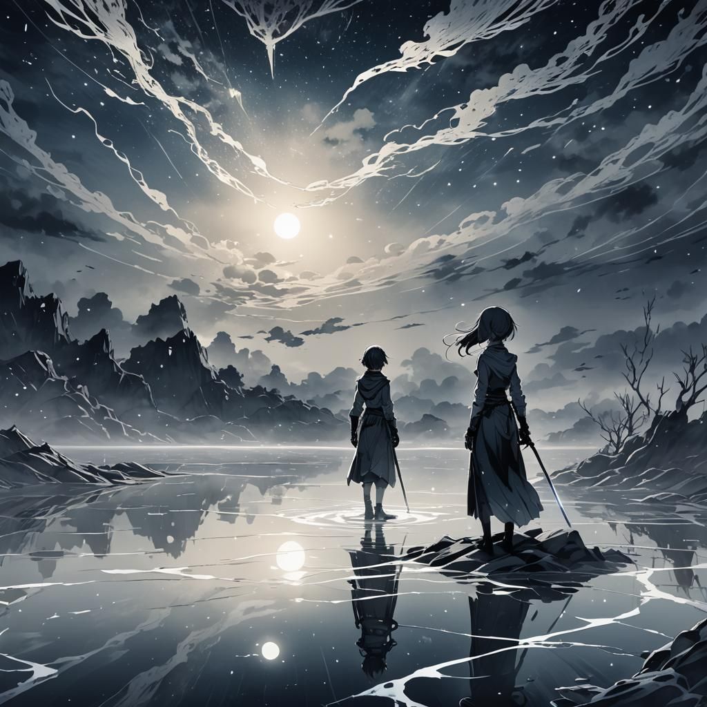 Eerie Anime Knight on Frozen Lake