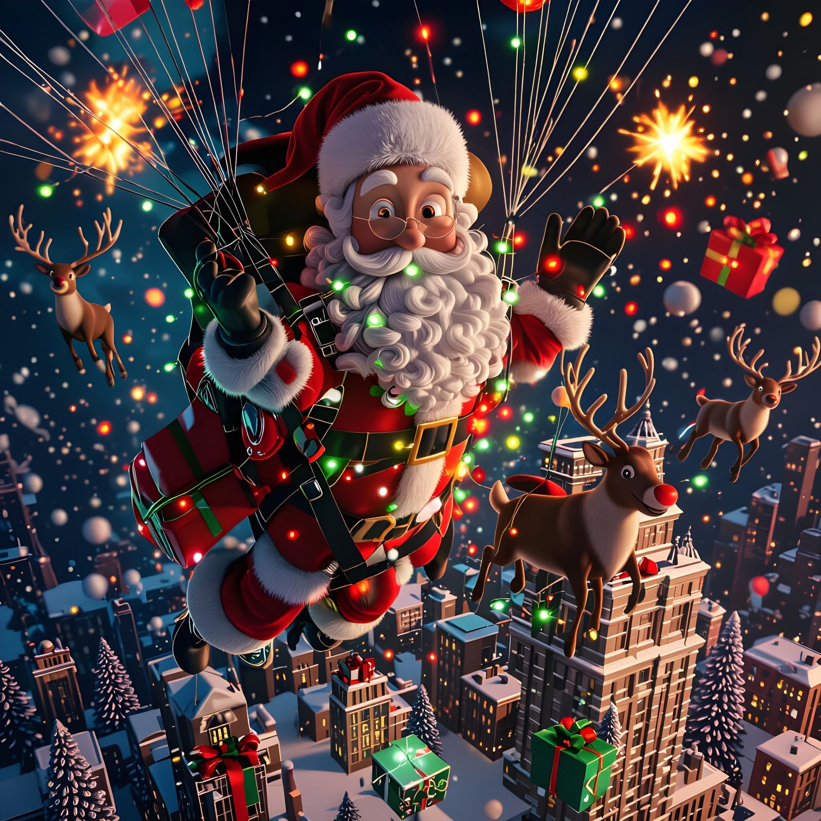 Santa's Epic Skydiving Fail with Tangled Lights