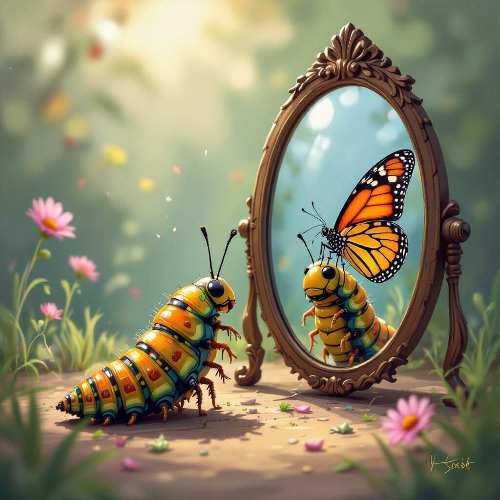 Excited Caterpillar's Butterfly Reflection: Dreamlike Airbru...