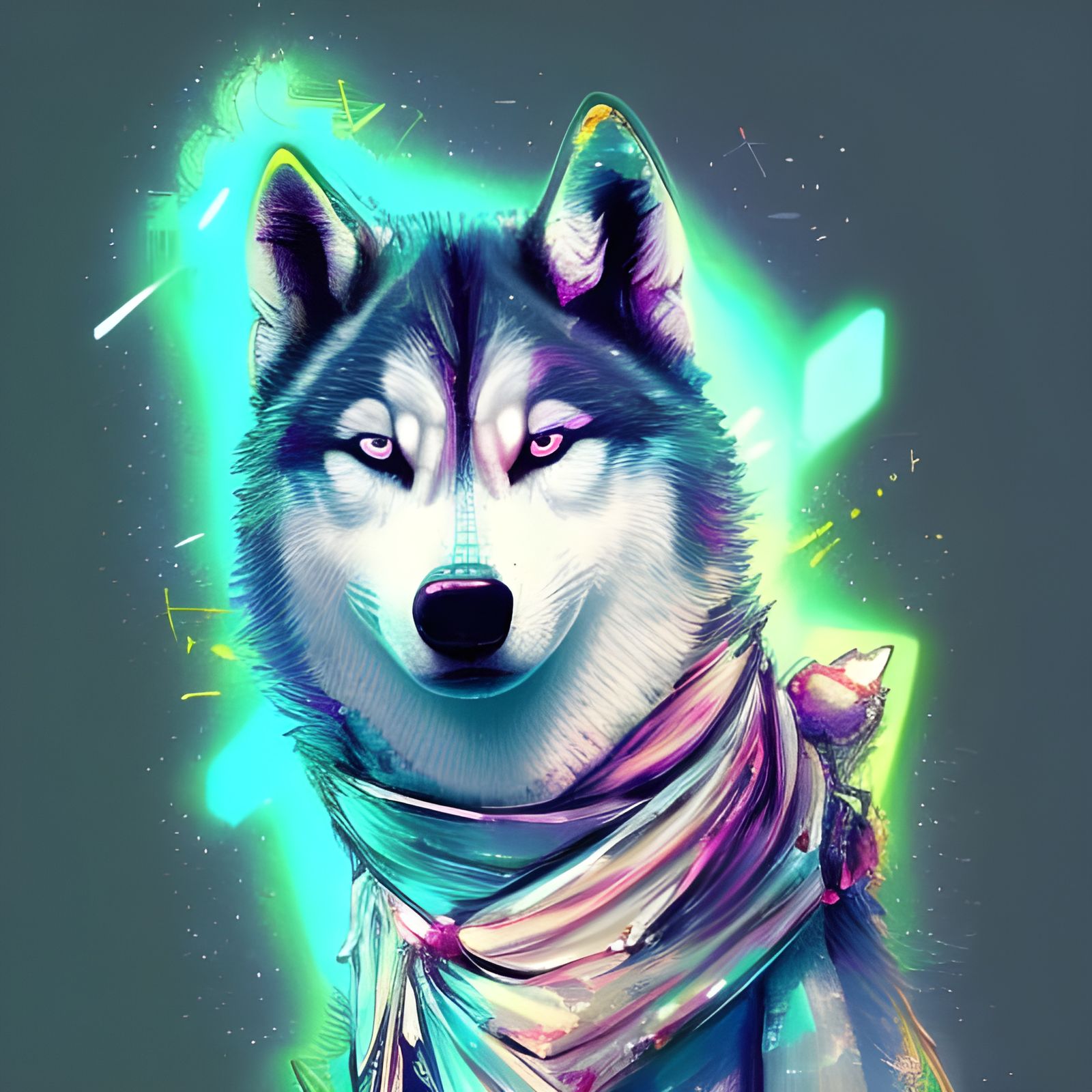 Luminous Crystals Surround Cute Wolf-Husky Dog