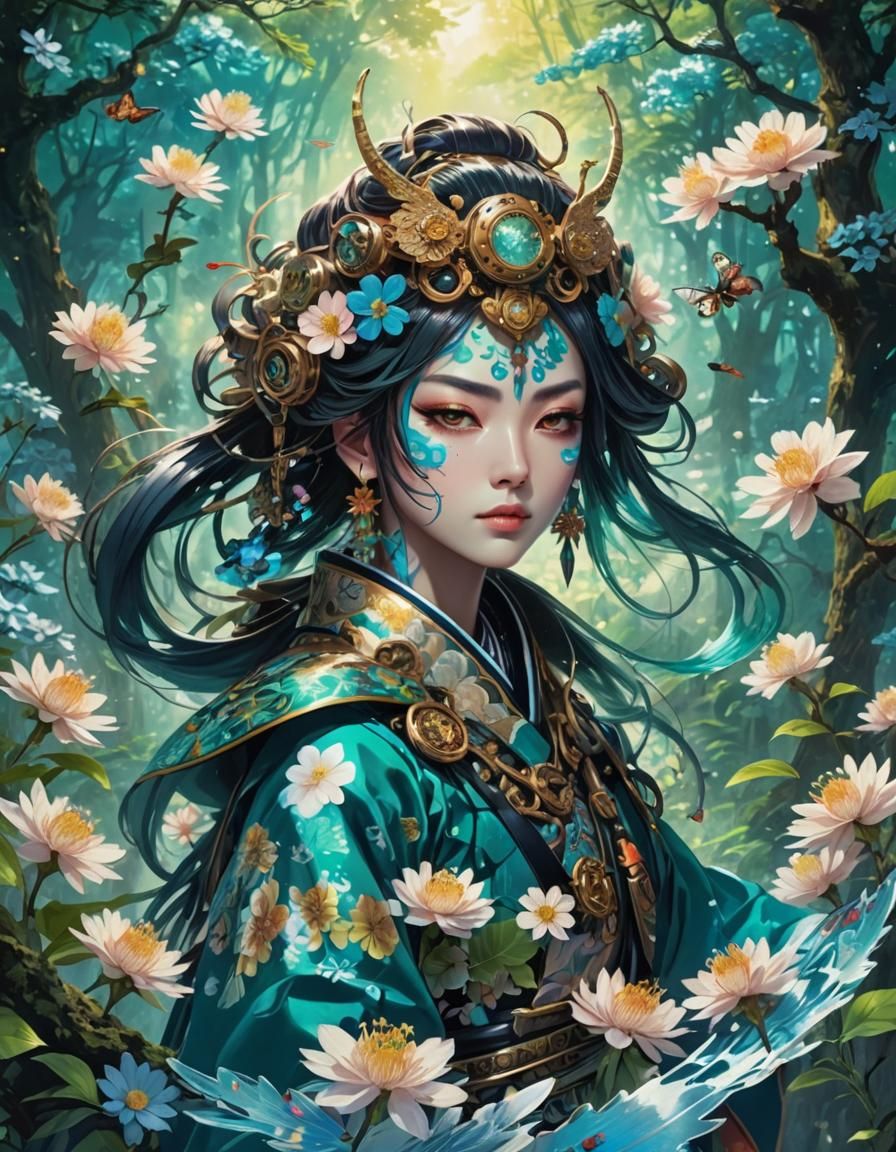 Steampunk Anime: Clockwork Ninja in Bioluminescent Forest