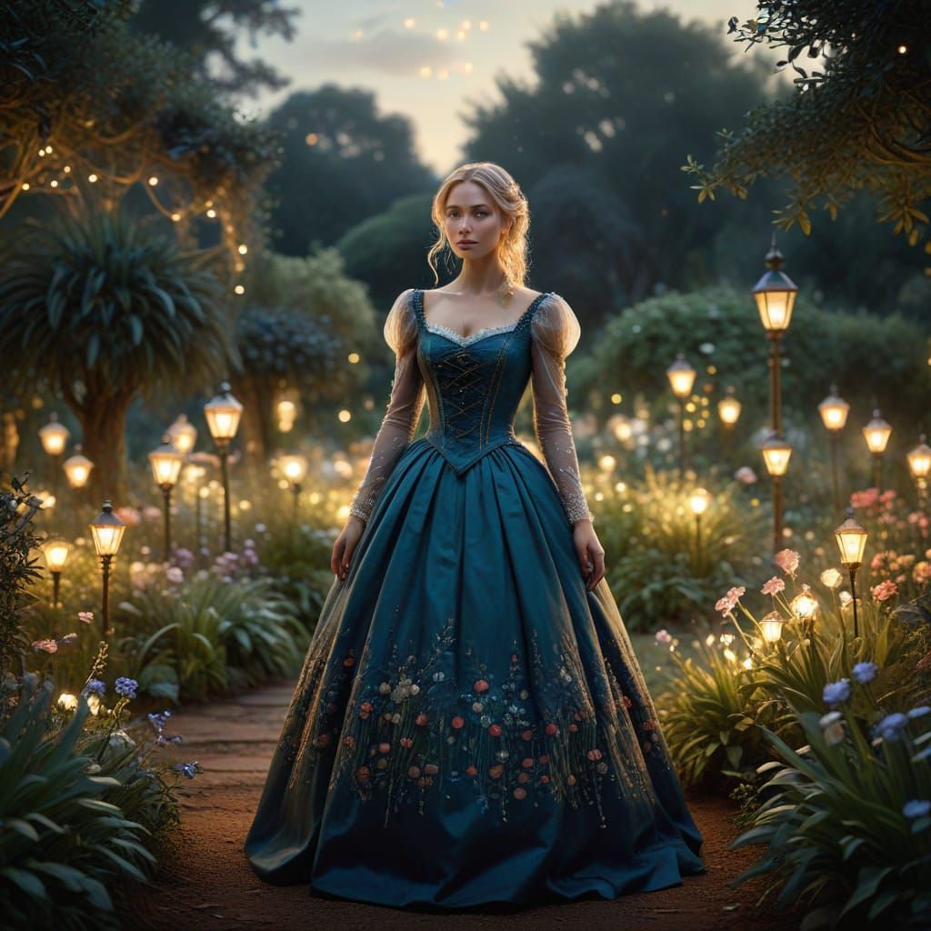 Woman in Victorian Dress in Illuminated Garden