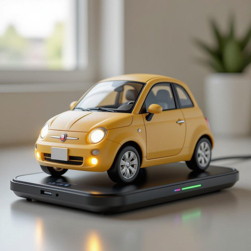 Smiling Potato Car Model on Charging Pad in 3D CG
