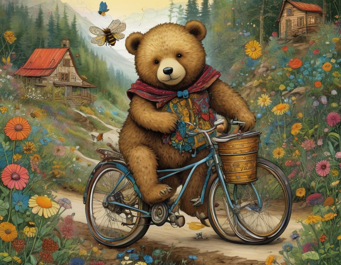 Cute Teddy Bear Rides Bicycle Down Mountain in Whimsical Ill...