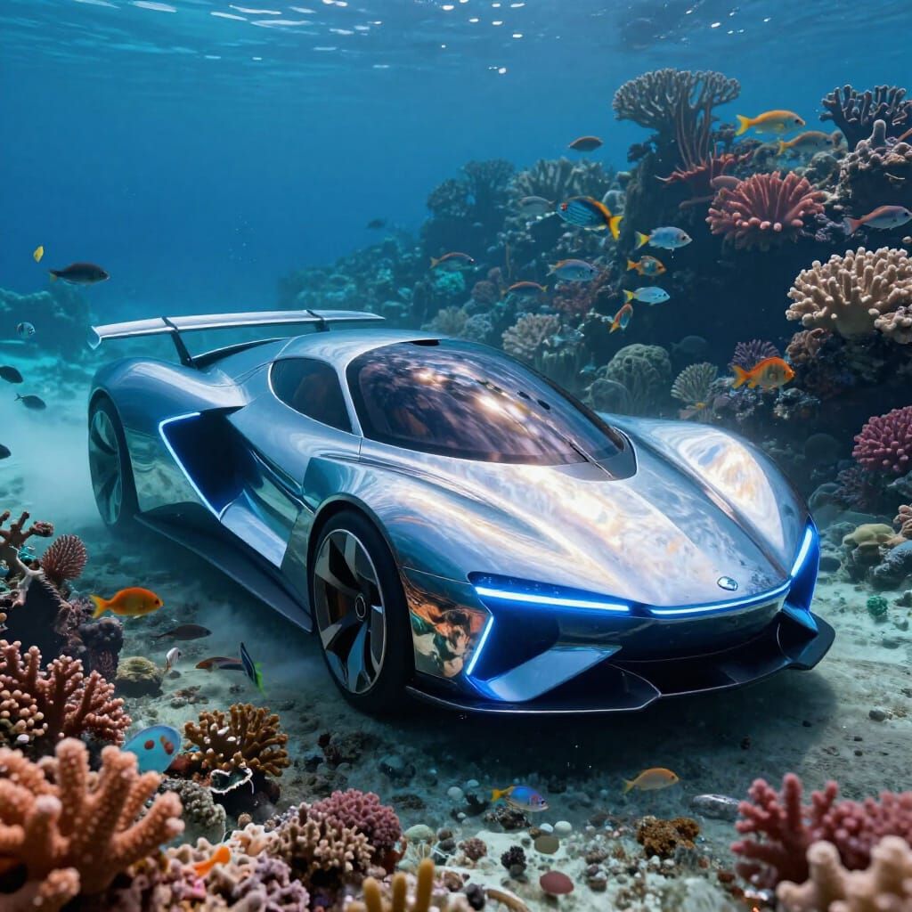 Futuristic Amphibious Car in Coral Reef