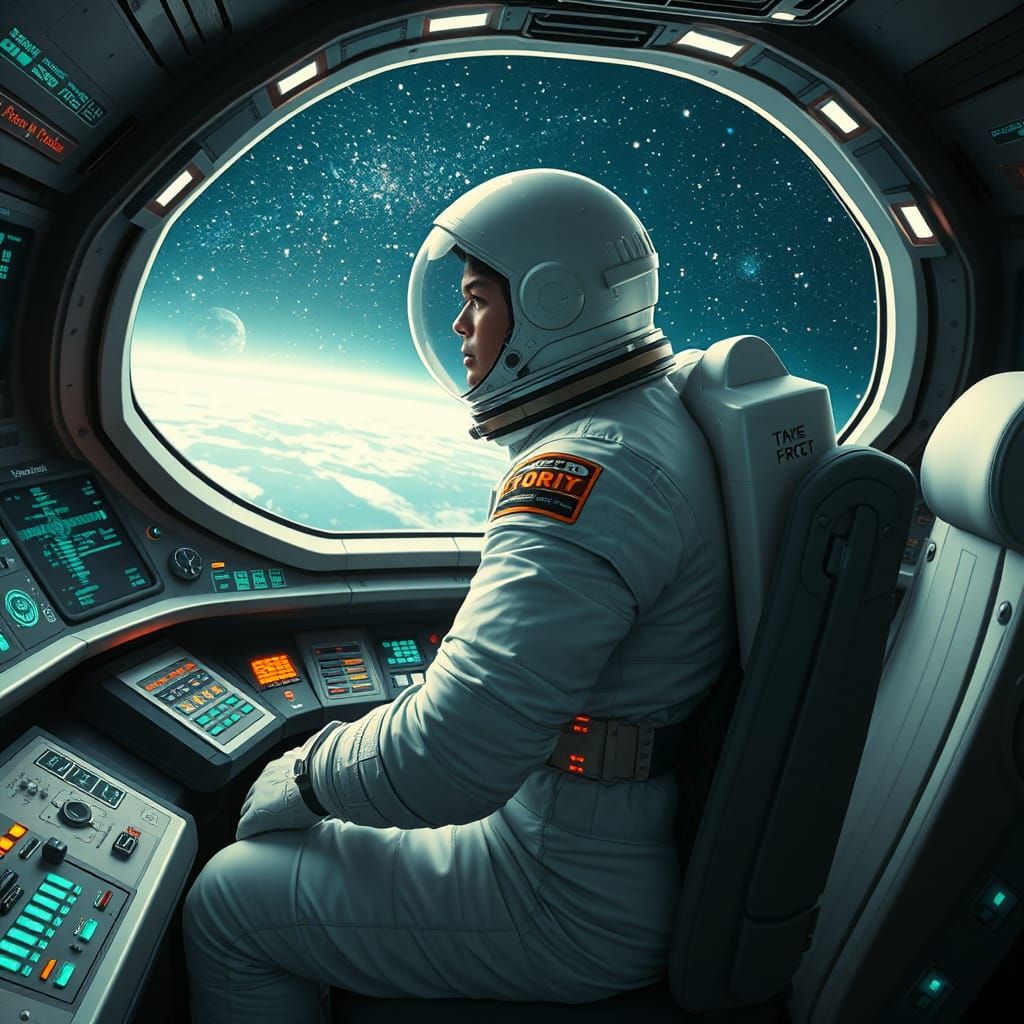 Astronaut Gazing at Starscape in Sleek Spaceship