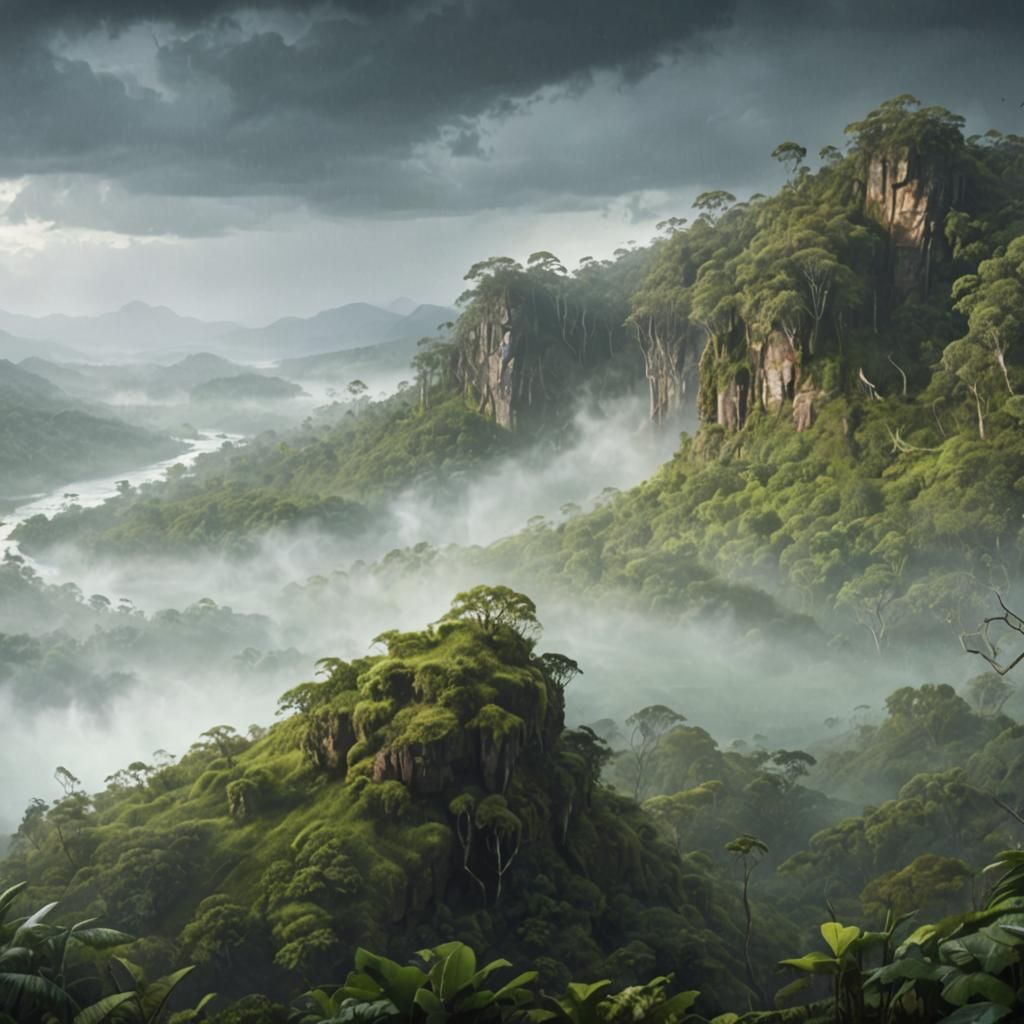 Mystical Green Mountains Forest in Moody Fantasy Style