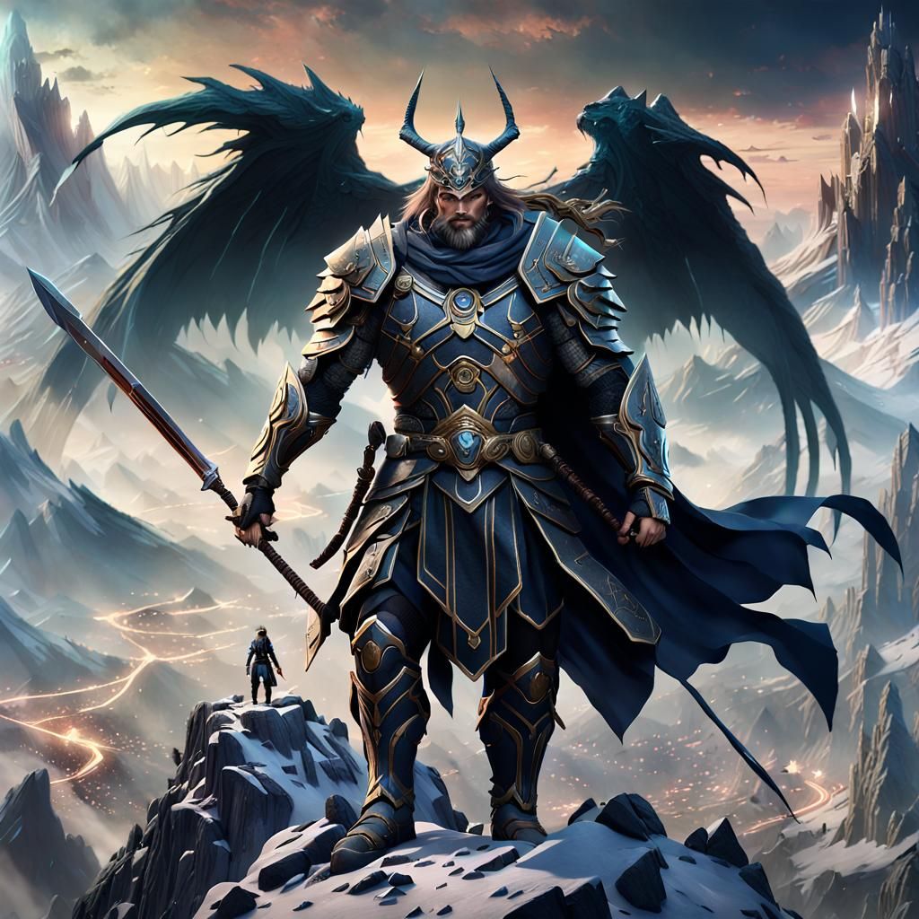 Heroic Warrior Overlooks Mystical Realm: Anime-Inspired Digi...