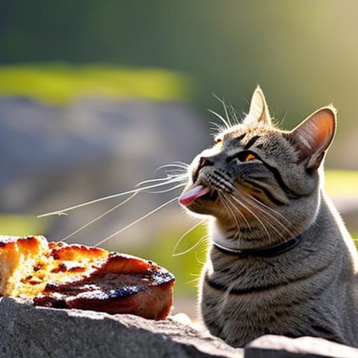 cat eating beef steak