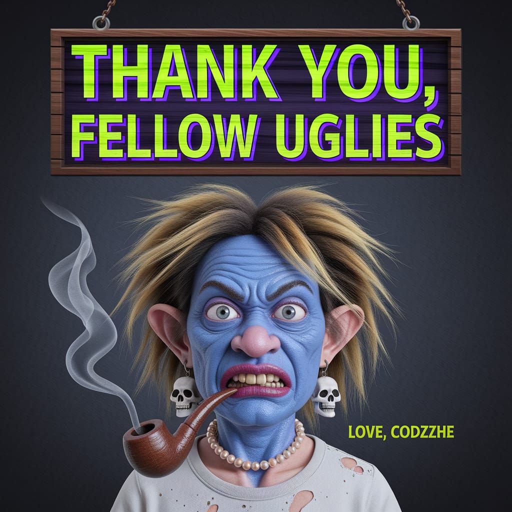 Ugly Witch with Neon Sign in Cartoon Style