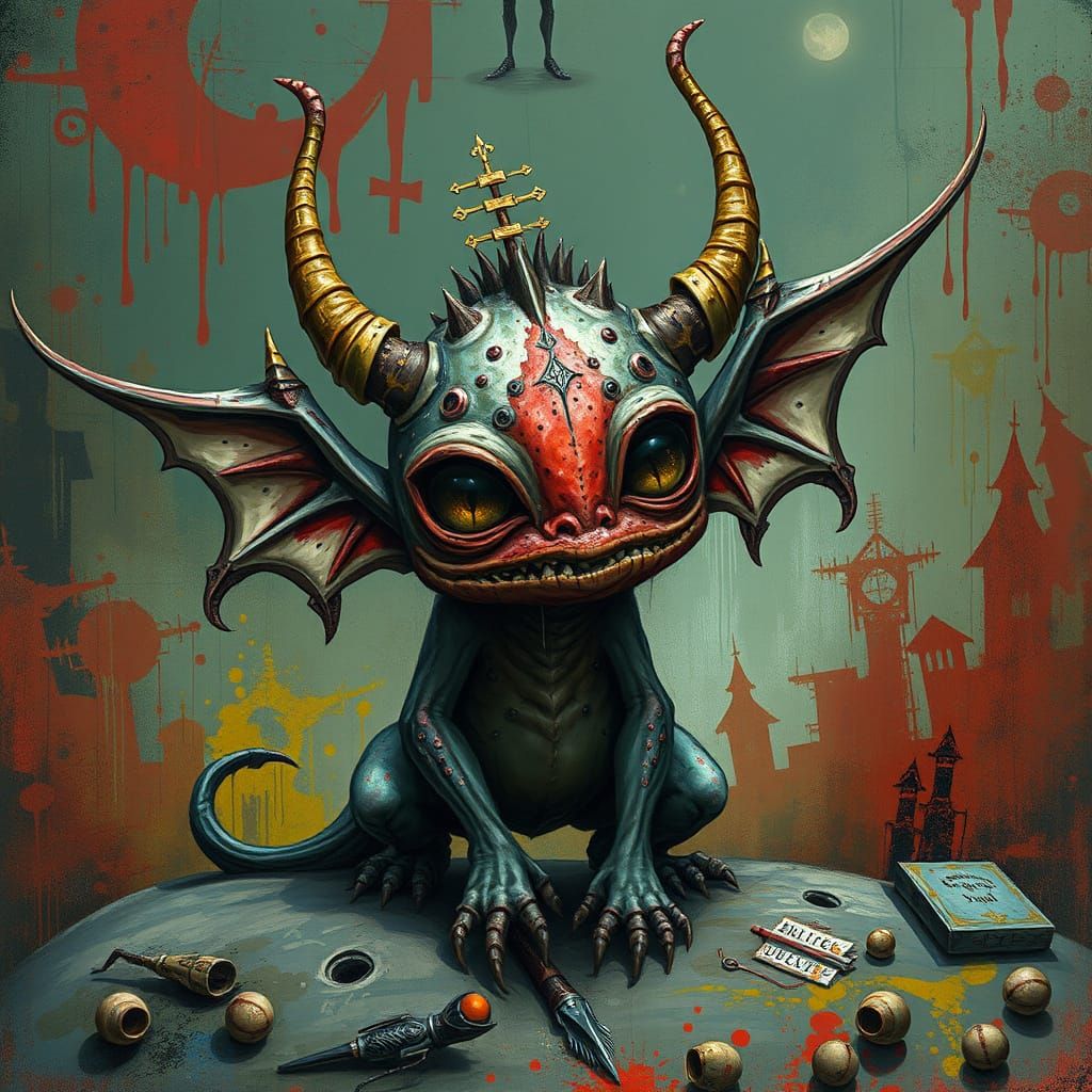 Medieval Fantasy Creature in Whimsical Graffiti Style