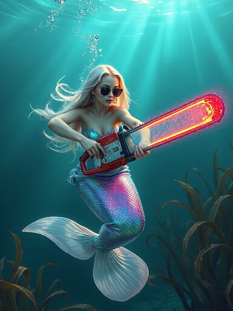 Iridescent Mermaid Wields Glittering Chainsaw in Underwater ...