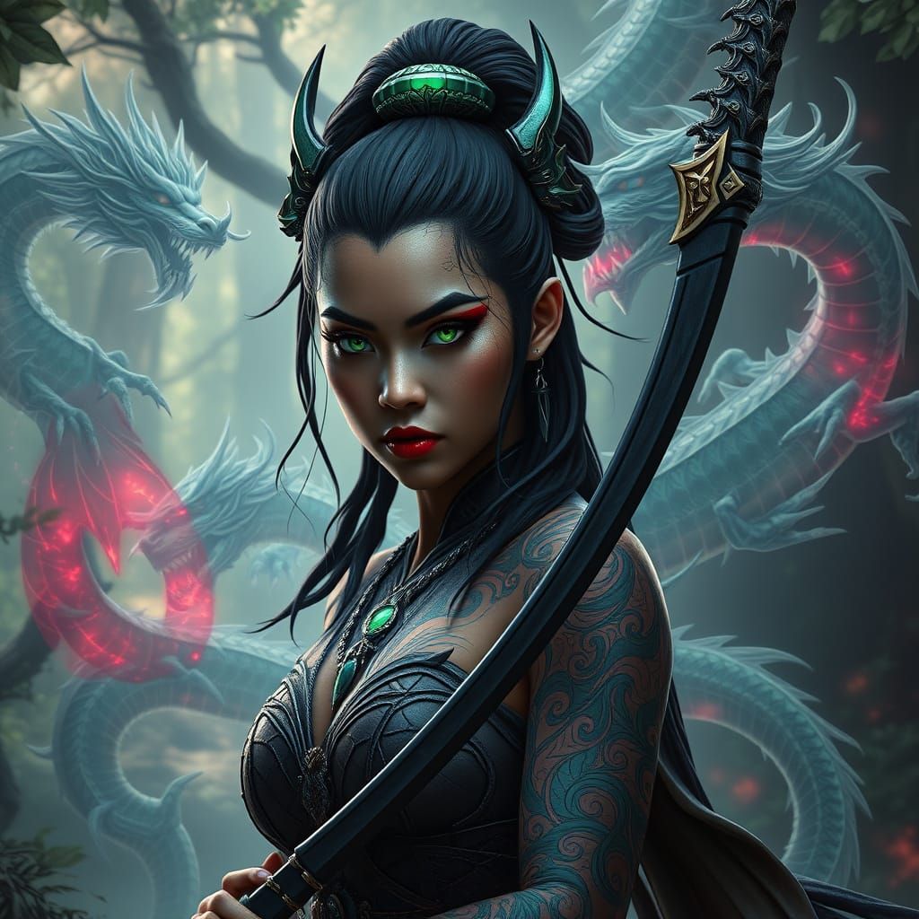 Majestic Warrior Queen in Ancient Dragon Cult Forest