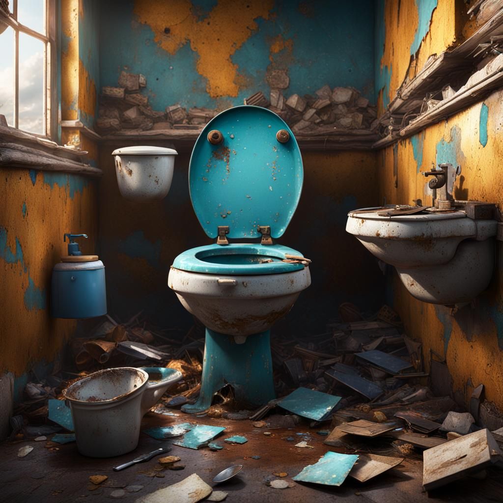 Unclean dirty stained toilet bowl and disgusting handbasin litter rubbish untidy damaged ruined