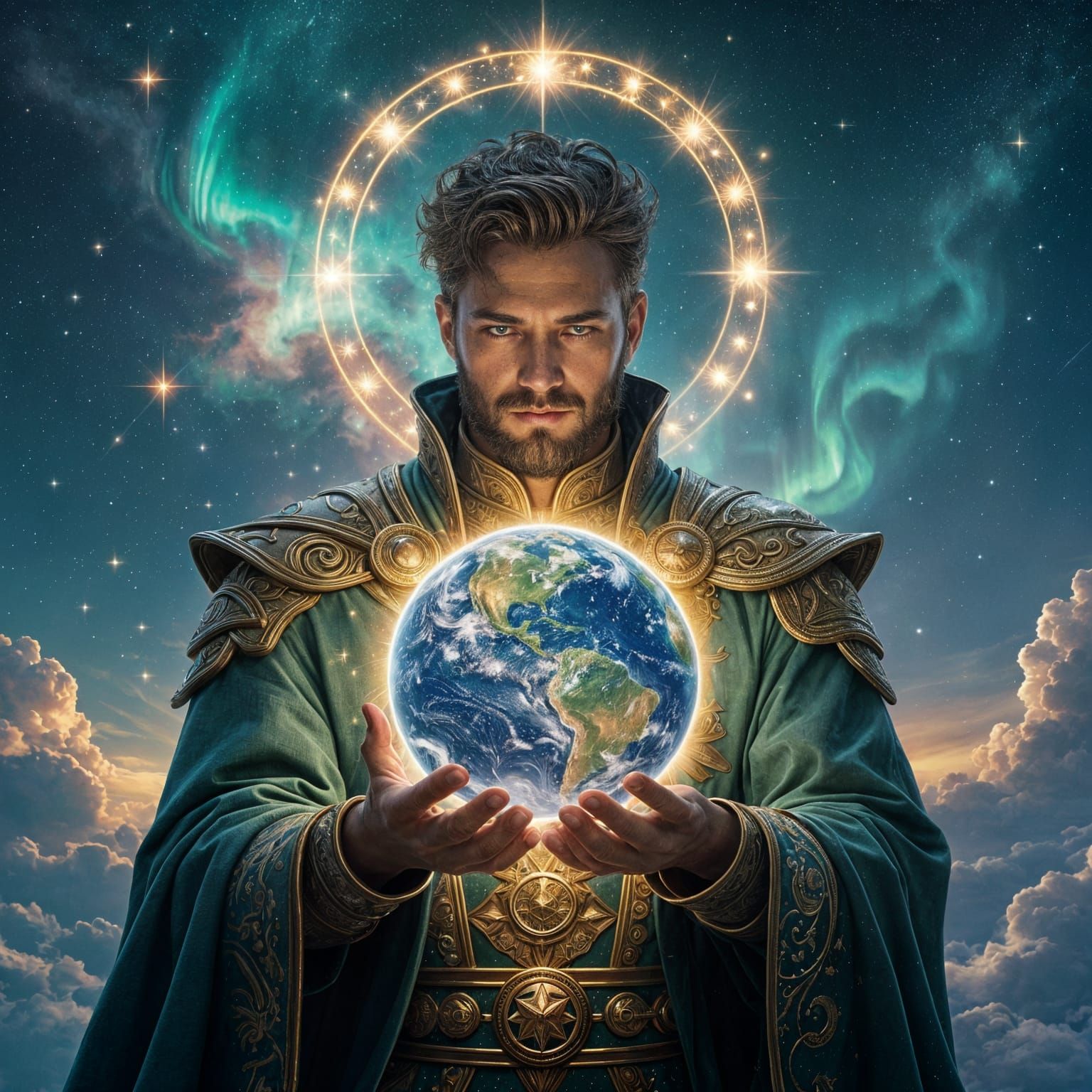Majestic Man Holding Earth: Epic Fantasy Painting
