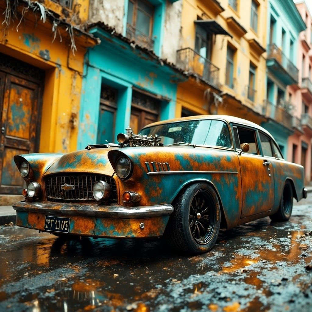 Futuristic Custom Car Speeds Through Dystopian City Streets