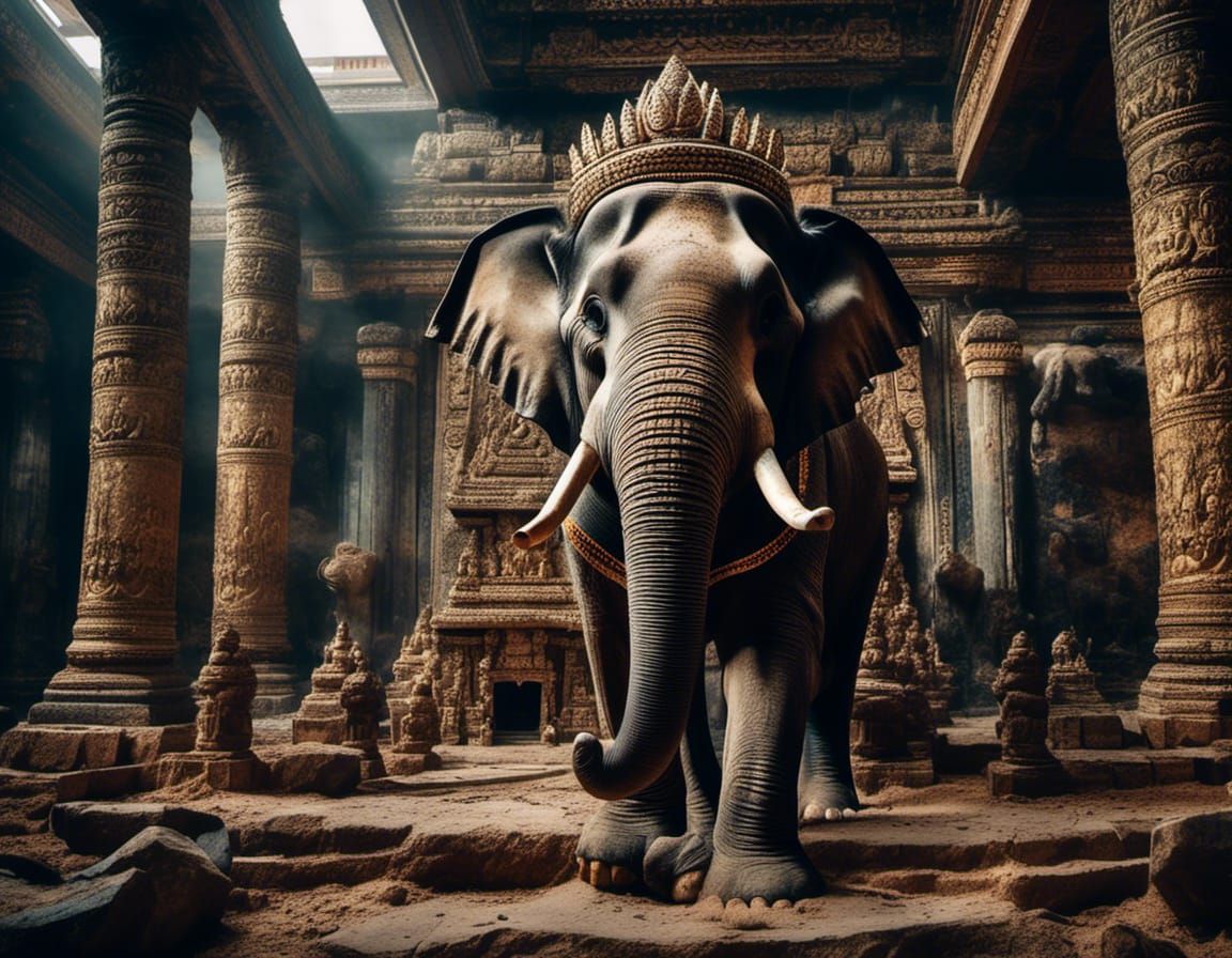 Majestic Elephant King in Ancient Thailand Temple