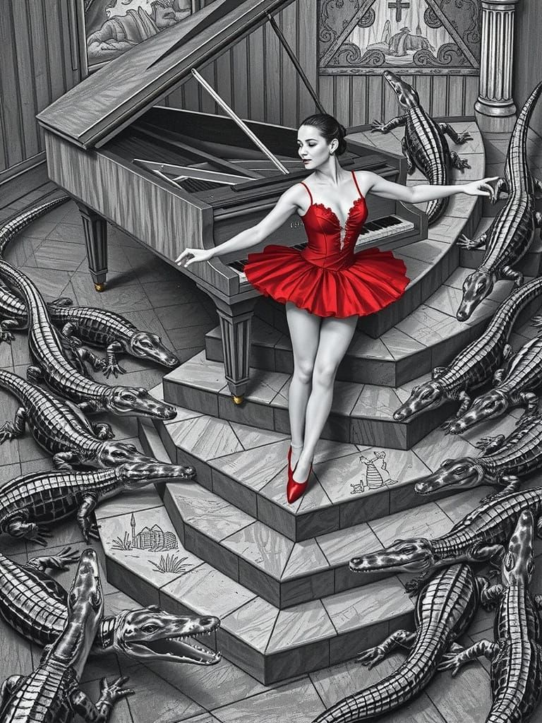 Ballerina Dances on Piano in Escher-Inspired Drawing