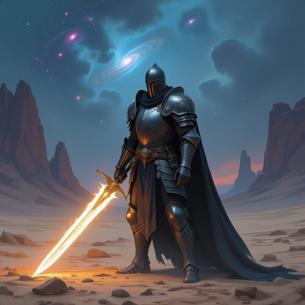 Medieval Knight in Galactic Nebula Landscape