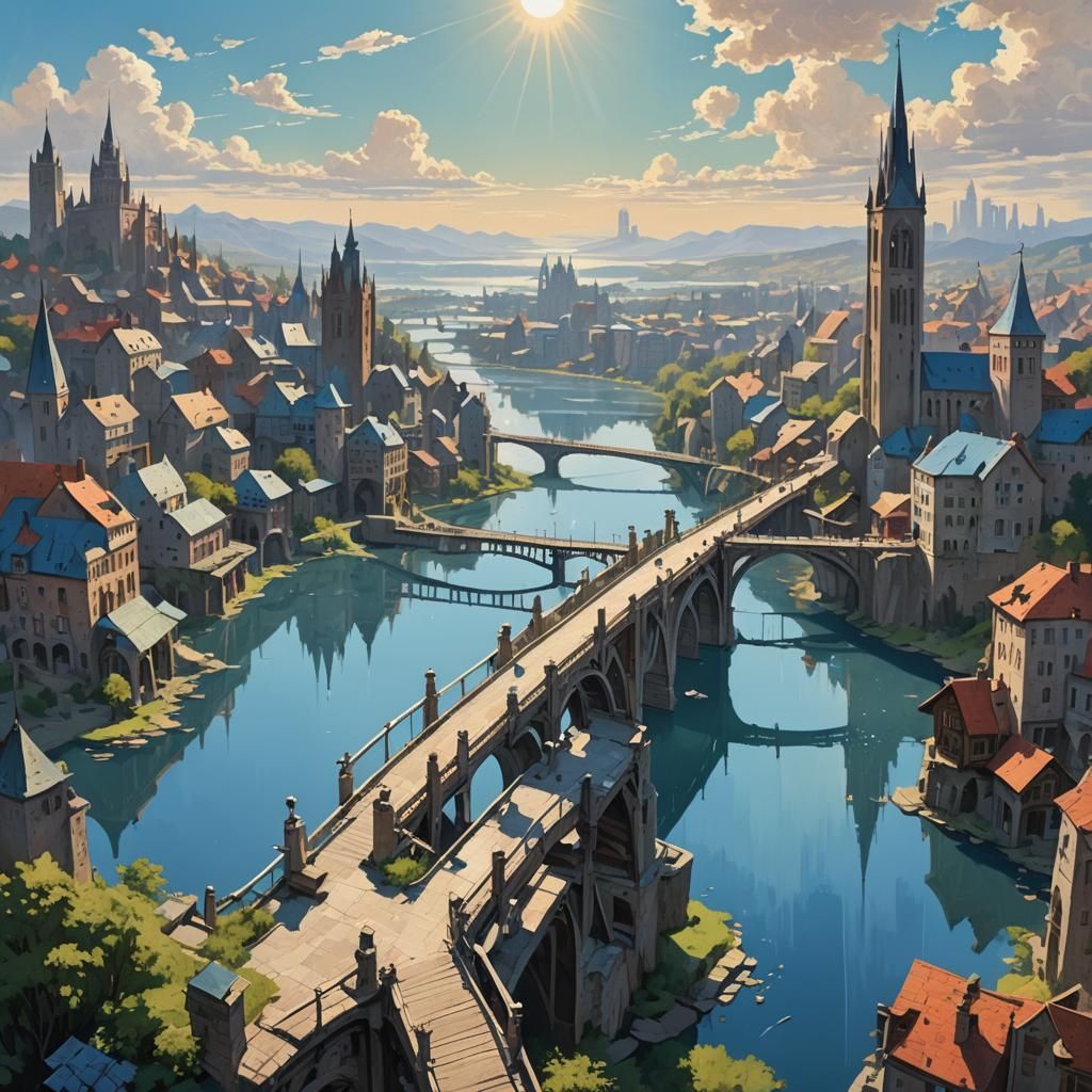 Quaint Cityscape with Multi-Level Bridges