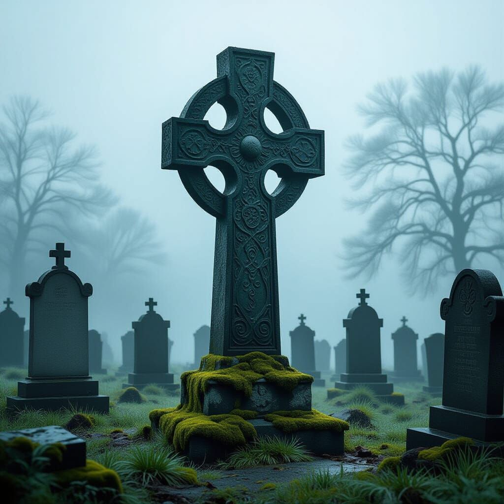 Mystical Celtic Cross in Misty Cemetery