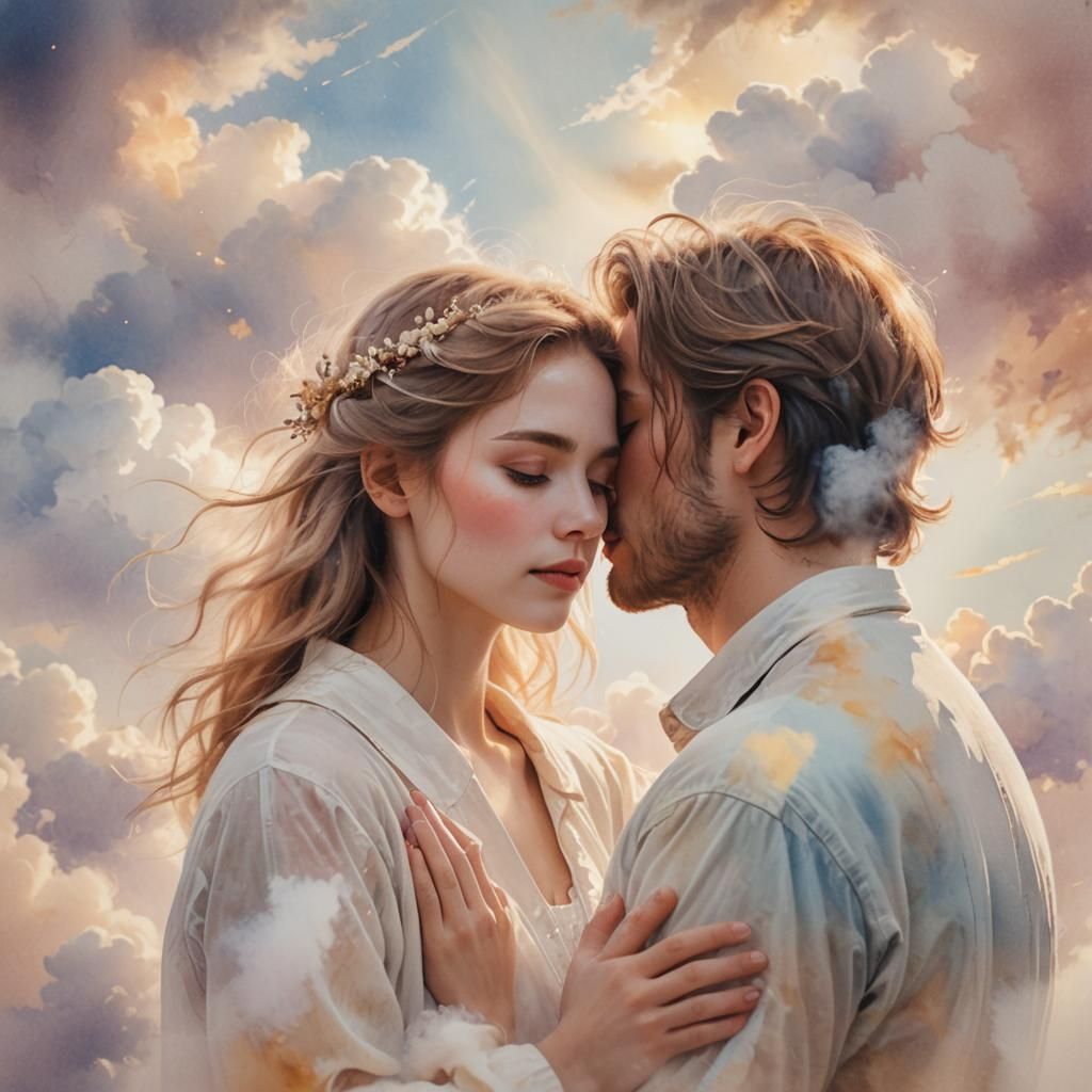 Romantic Couple Embrace in Ethereal Watercolor Scene