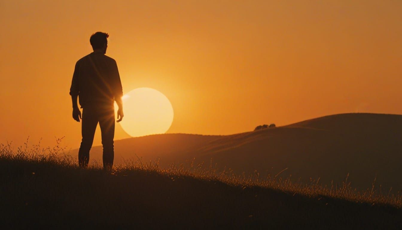 Man silhouetted against a golden sunset on a grassy hill