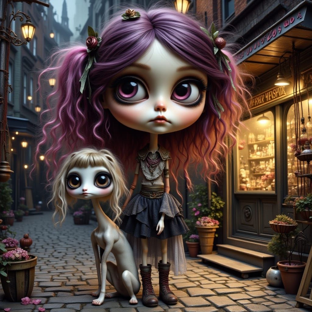 Doll Girl and Dog by Candy Shop in Gothic Style